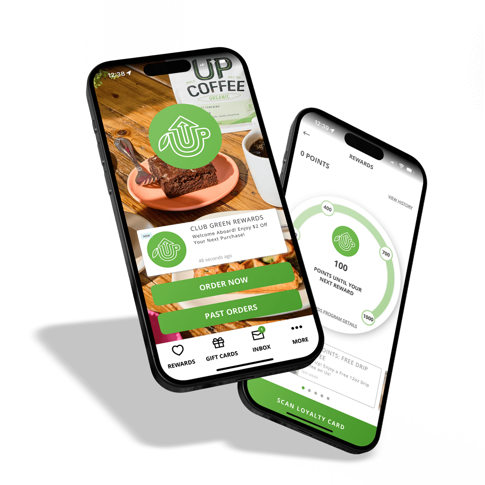 Two smartphones displaying an app interface for 'Up Coffee' loyalty rewards and ordering system. The main screen shows rewards and ordering options, featuring vibrant images of coffee and desserts with green-themed UI elements.