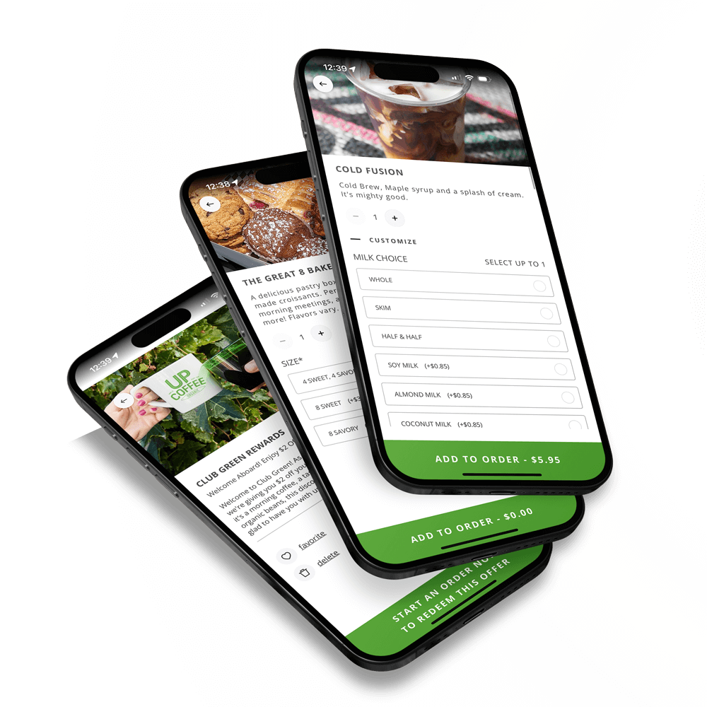 Three smartphones showing various screens of the 'Up Coffee' app, including a rewards page, customizable drink orders, and menu items. The interface is clean and modern, with green accents complementing food and drink imagery.